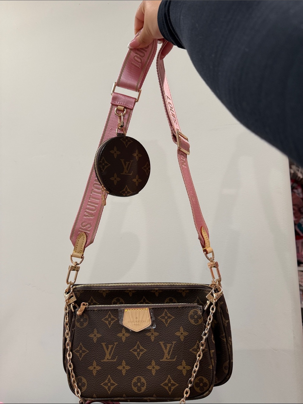 Louis Vuitton Brown Monogram Crossbody with Pink Strap